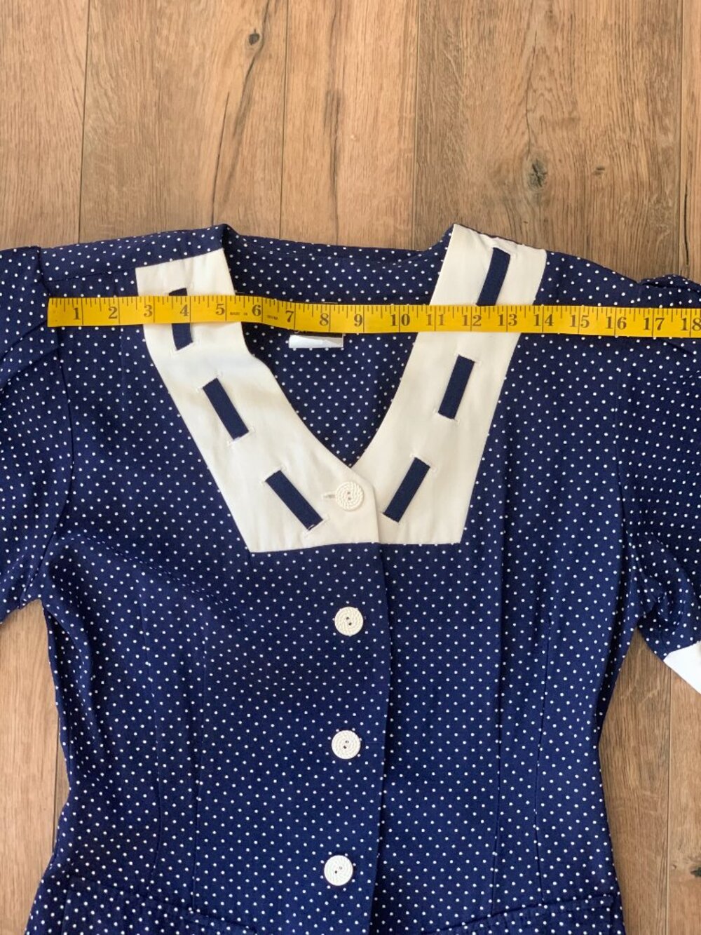 Vintage Polka Dot Shirtwaist Dress S/M Navy White Button Modest Rockabilly Pinup - Picture 10 of 16